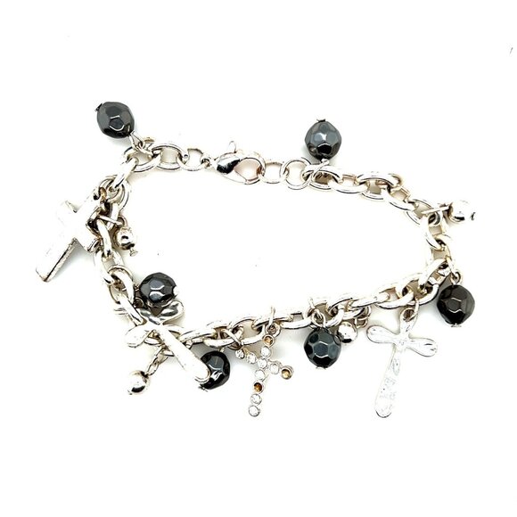 Silver tone Cross and Beads Charm Bracelet - Picture 1 of 3